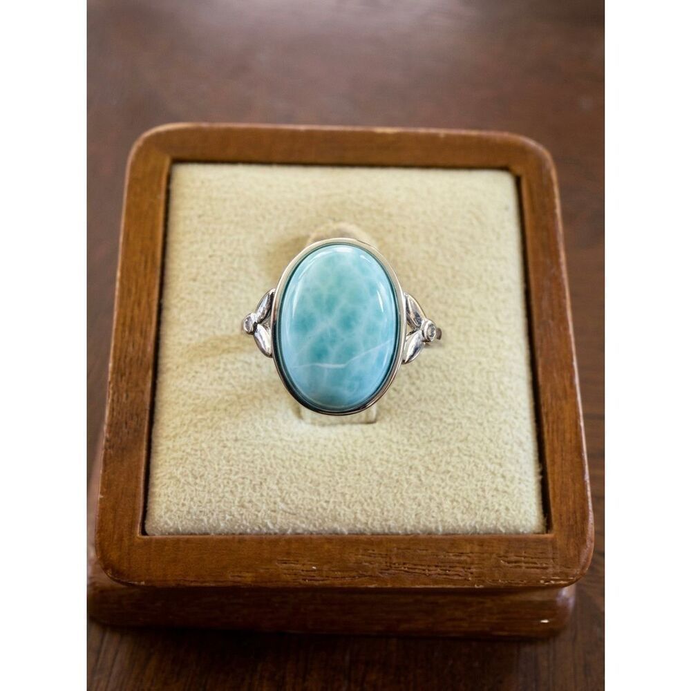 Natural Blue Larimar Oval Adjustable Sterling Silver Ring Water Pattern New